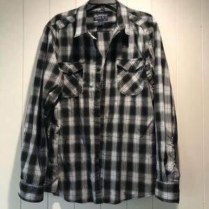 American rag Cie Mens long sleeve plaid front pockets black grey and blue XXL